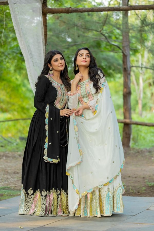 Mysore Chinnon Silk Anarkali Dress with Silk Dupatta - 2Pc - Ivory White / Black