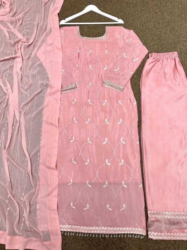 Chinnon Silk Straight Designer Suit- 3Pc Kurti, Pant & Dupatta - Peach