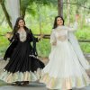 Mysore Chinnon Silk Anarkali Dress with Silk Dupatta - 2Pc - Ivory White / Black