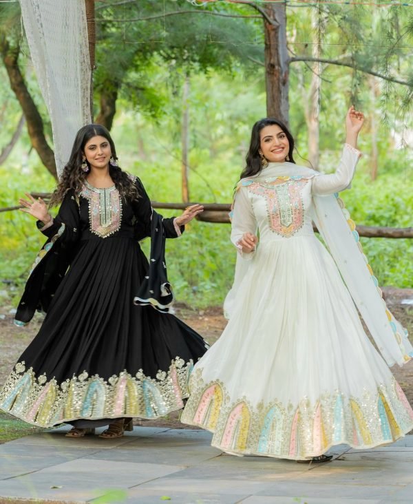 Mysore Chinnon Silk Anarkali Dress with Silk Dupatta - 2Pc - Ivory White / Black