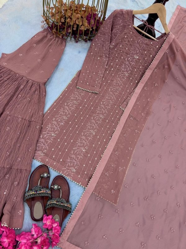Faux Georgette 3Pc Gharara Suit - Kurti, Gharara & Dupatta - Tea Pink