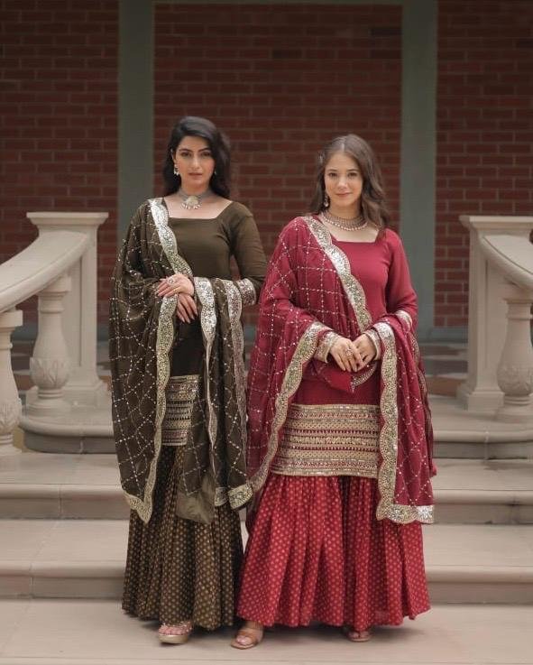 Georgette with Sequence work Gharara Suit - 3Pc - Olive Green / Red