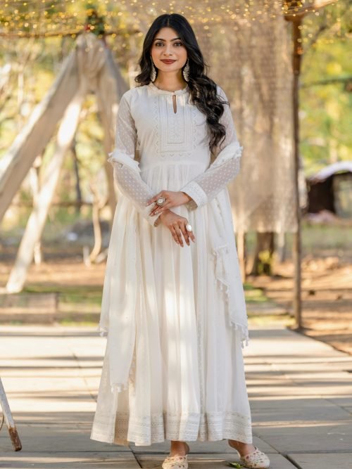 Faux Georgette Chikan work Anarkali Suit - 3 Pc - White