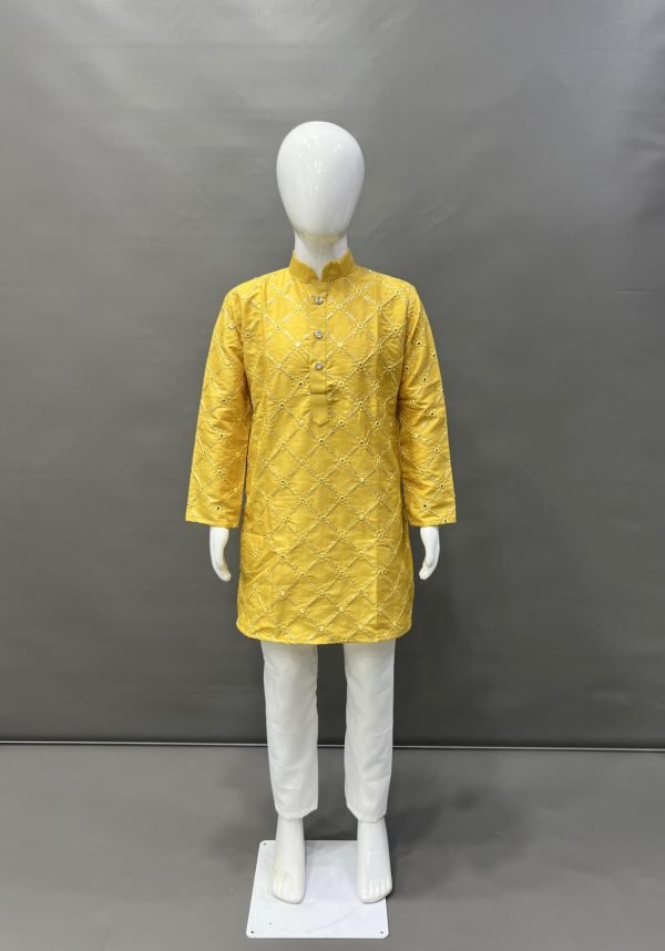 Boys Kids Mirror Sequence Work Kurta with White Pajama - 2Pc