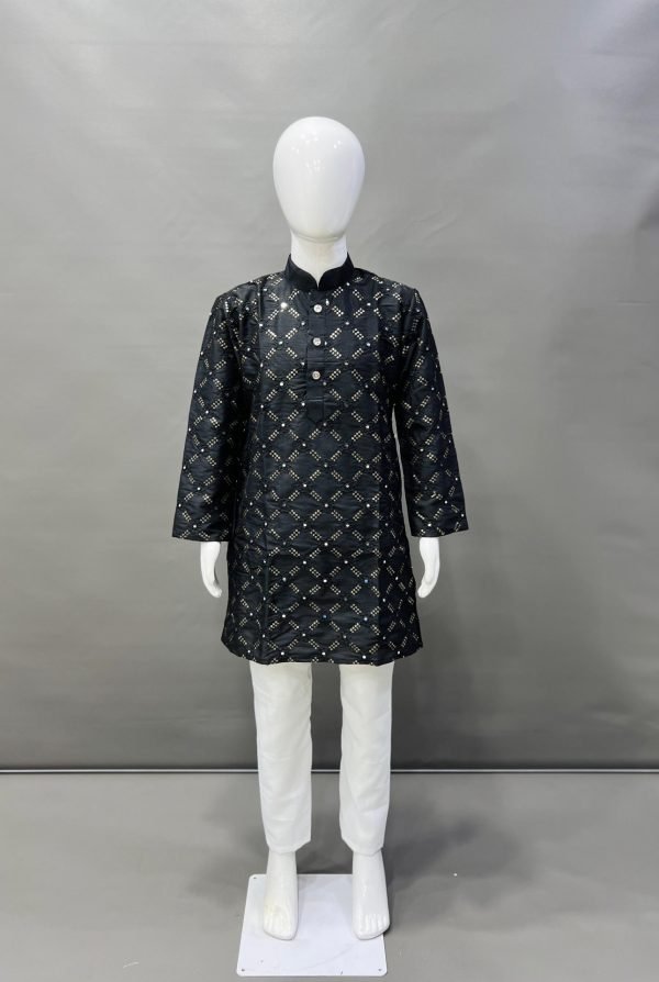 Boys Kids Mirror Sequence Work Kurta with White Pajama - 2Pc