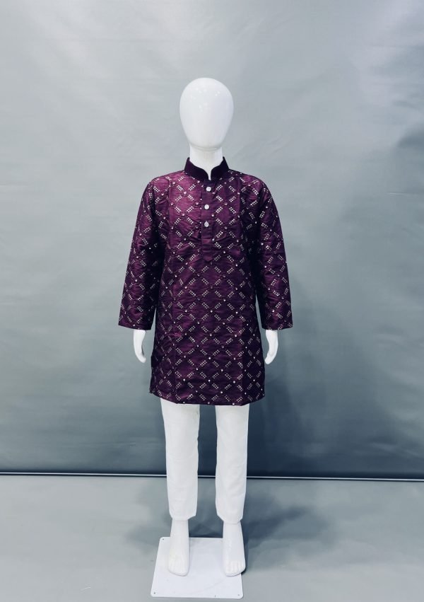Boys Kids Mirror Sequence Work Kurta with White Pajama - 2Pc