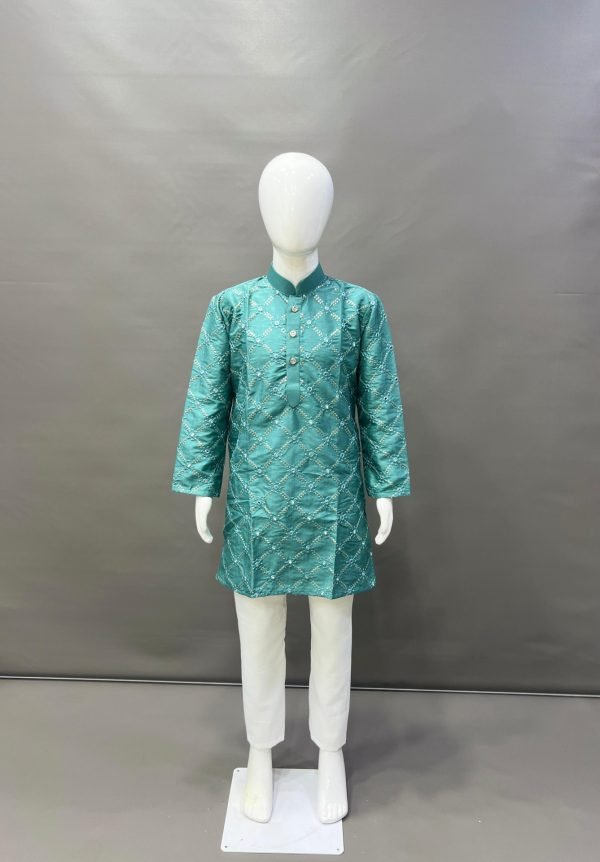 Boys Kids Mirror Sequence Work Kurta with White Pajama - 2Pc
