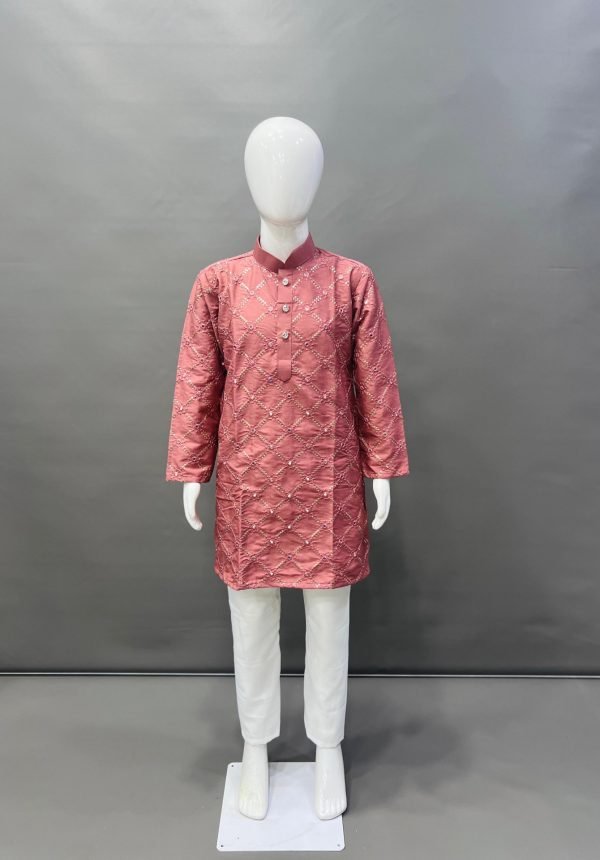 Boys Kids Mirror Sequence Work Kurta with White Pajama - 2Pc