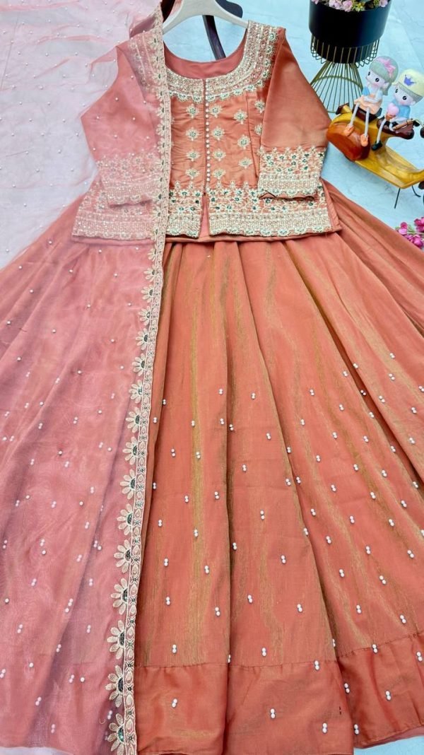 Simmer Soft Silk - Kurti, Lehnga & Dupatta - 3Pc - Rust and Pink