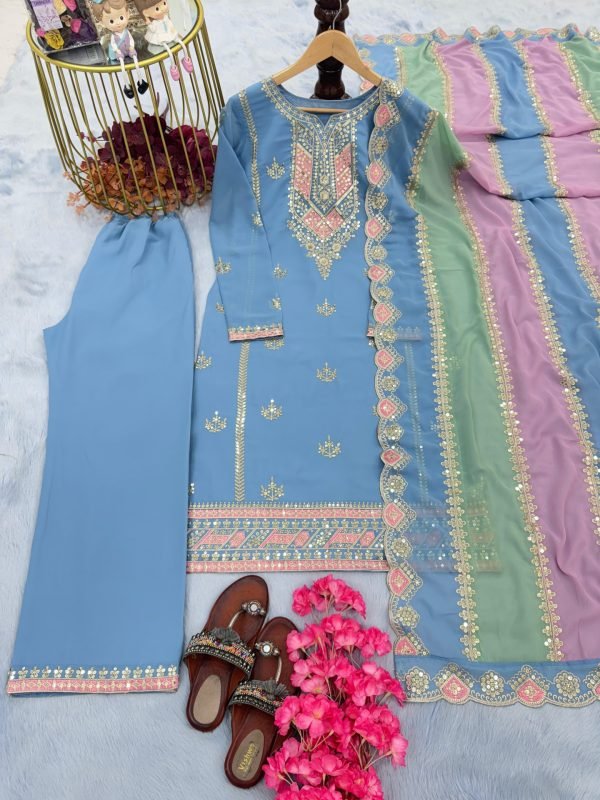 Faux Georgette Suit Pakistani Style - 3 Pc - Sky Blue with Purple Stripes