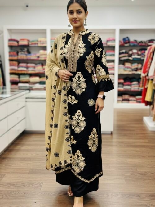 Kashmiri Embroidery Band Neck Suits - 3Pc - Black Golden