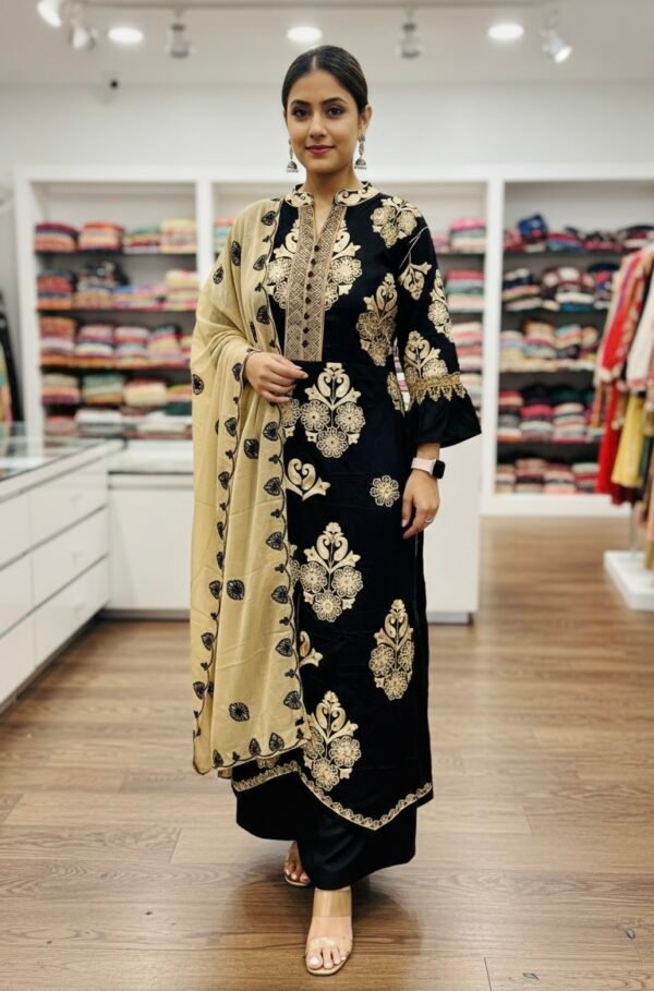 Kashmiri Embroidery Band Neck Suits - 3Pc - Black Golden