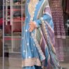 Faux Georgette Suit Pakistani Style - 3 Pc - Sky Blue with Purple Stripes