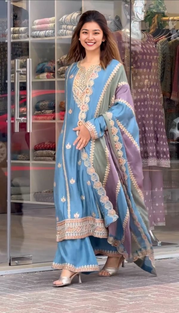 Faux Georgette Suit Pakistani Style - 3 Pc - Sky Blue with Purple Stripes