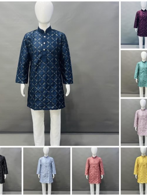 Boys Kids Mirror Sequence Work Kurta with White Pajama - 2Pc