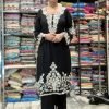 Malmal Kurta and Plazo Sets - 2Pc White Ari Work Embroidery on Black