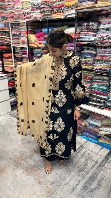 Kashmiri Embroidery Band Neck Suits - 3Pc - Black Golden