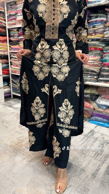 Kashmiri Embroidery Band Neck Suits - 3Pc - Black Golden