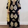 Kashmiri Embroidery Band Neck Suits - 3Pc - Black Golden