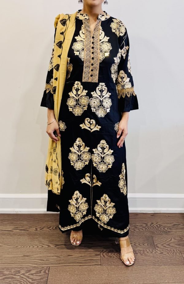 Kashmiri Embroidery Band Neck Suits - 3Pc - Black Golden