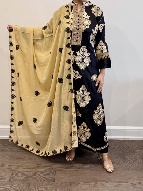 Kashmiri Embroidery Band Neck Suits - 3Pc - Black Golden