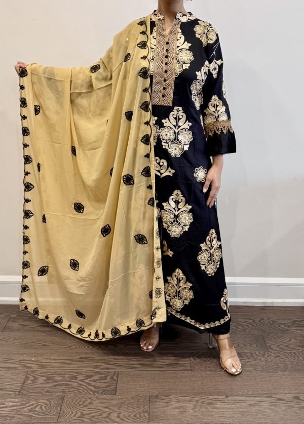 Kashmiri Embroidery Band Neck Suits - 3Pc - Black Golden