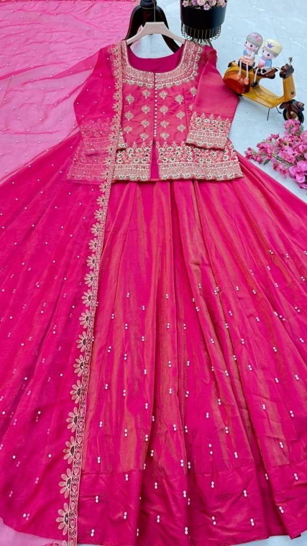 Simmer Soft Silk - Kurti, Lehnga & Dupatta - 3Pc - Rust and Pink