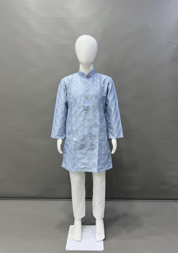 Boys Kids Mirror Sequence Work Kurta with White Pajama - 2Pc