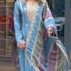 Faux Georgette Suit Pakistani Style - 3 Pc - Sky Blue with Purple Stripes
