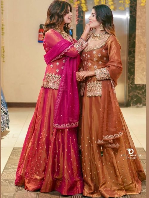 Simmer Soft Silk - Kurti, Lehnga & Dupatta - 3Pc - Rust and Pink