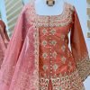 Simmer Soft Silk - Kurti, Lehnga & Dupatta - 3Pc - Rust and Pink