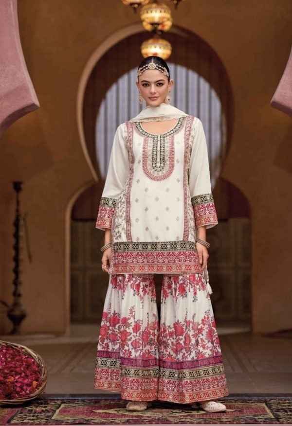 Pure Chinnon Floral Embroidered Gharara Suit - 3Pc - Black / White