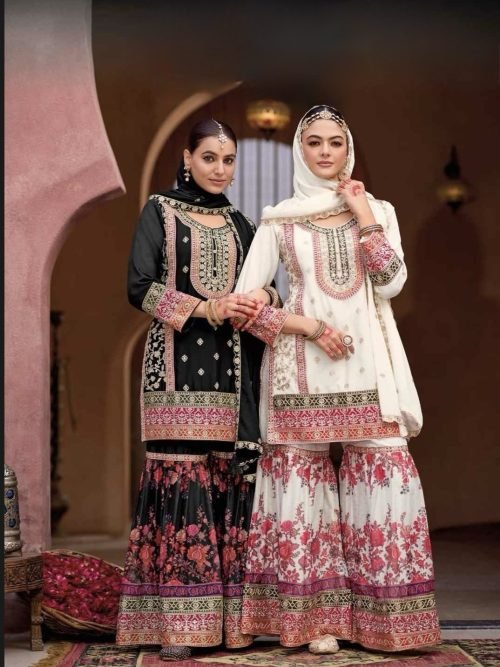 Pure Chinnon Floral Embroidered Gharara Suit - 3Pc - Black / White