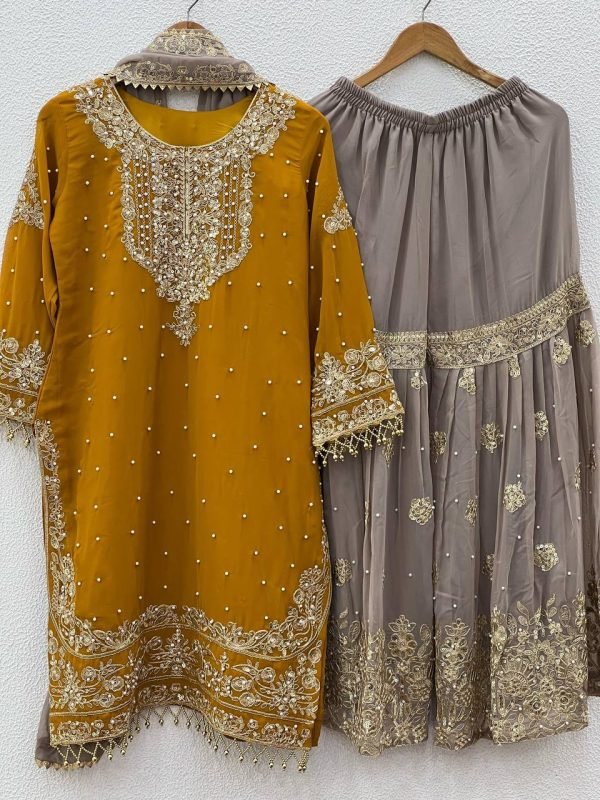 Faux Georgette - 3Pc Gharara Suit - Kurti, Gharara & Dupatta - 3 Colors - Plus Size 46 48 50