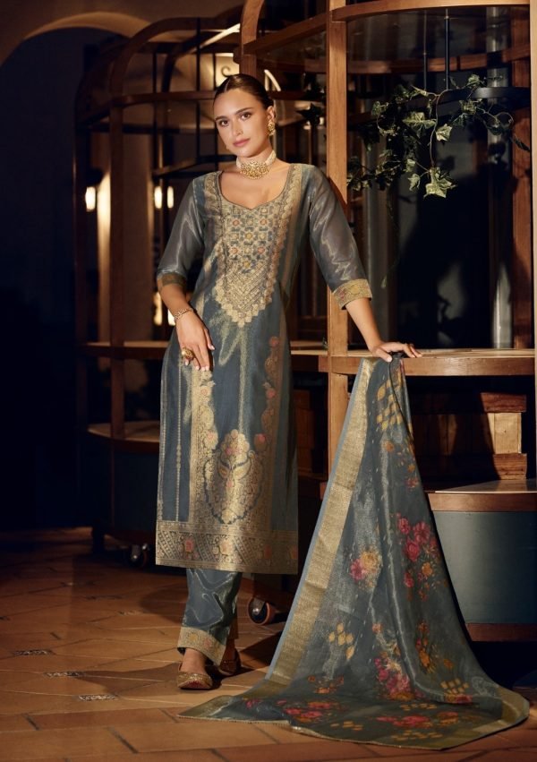 Banarasi Orgenza Straight Designer Suit with Golden Work - 3Pc - Multiple Colors