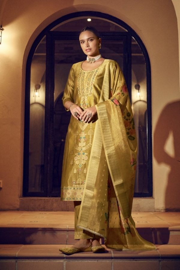 Banarasi Orgenza Straight Designer Suit with Golden Work - 3Pc - Multiple Colors