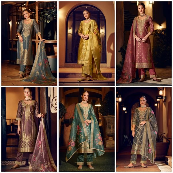 Banarasi Orgenza Straight Designer Suit with Golden Work - 3Pc - Multiple Colors