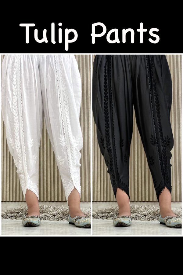 Chikankari Tulip/Dhoti Bottom - White & Black - Freesize