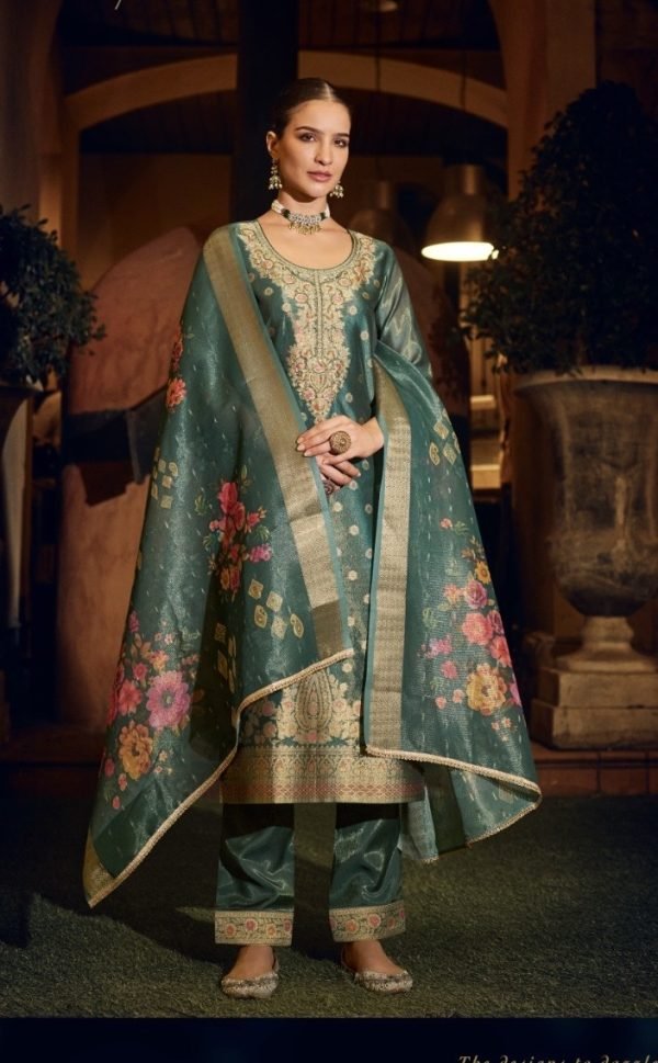 Banarasi Orgenza Straight Designer Suit with Golden Work - 3Pc - Multiple Colors