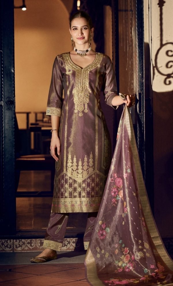 Banarasi Orgenza Straight Designer Suit with Golden Work - 3Pc - Multiple Colors