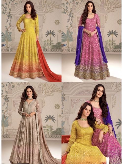 Viscouse Georgette Swaroski Diamond Anarkali Gown Dress - 3 Colors - 2Pc
