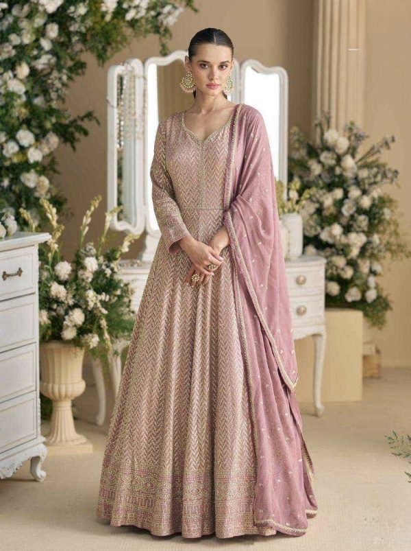 Viscouse Georgette Swaroski Diamond Anarkali Gown Dress - 3 Colors - 2Pc