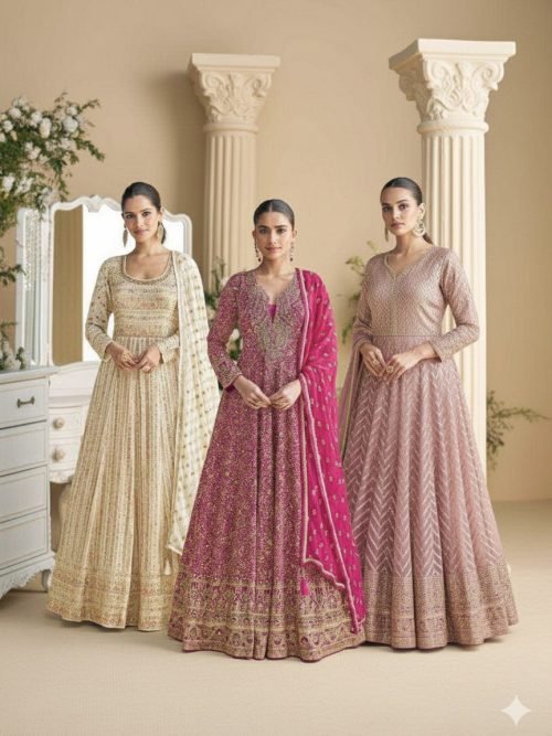 Viscouse Georgette Swaroski Diamond Anarkali Gown Dress - 3 Colors - 2Pc
