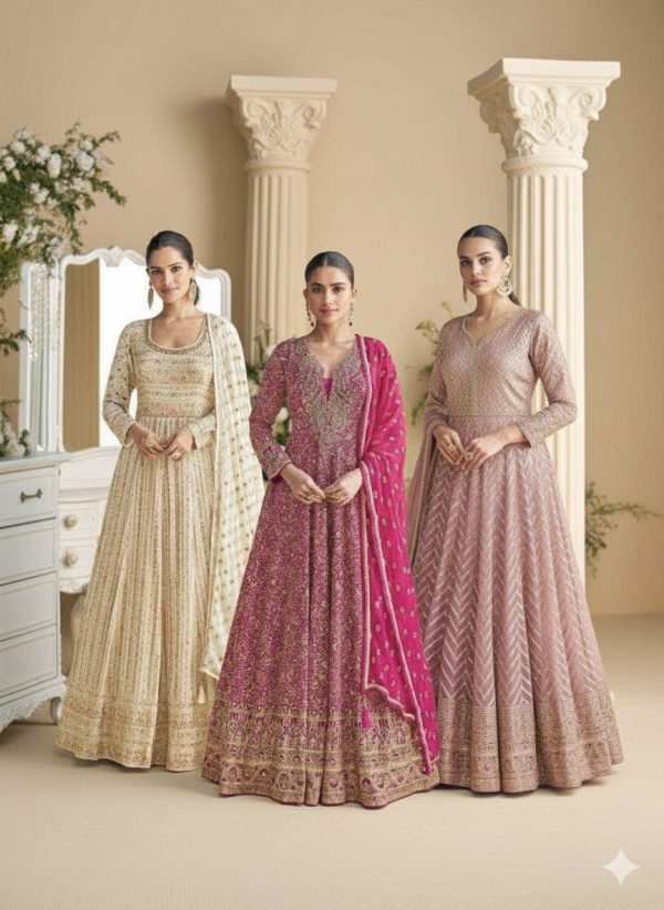 Viscouse Georgette Swaroski Diamond Anarkali Gown Dress - 3 Colors - 2Pc