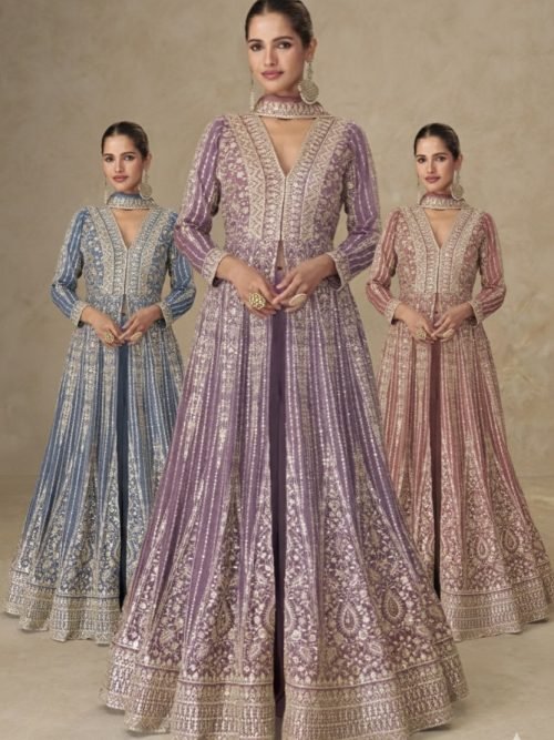 Viscouse Georgette Swaroski Diamond Anarkali Gown Dress - 4 Colors - 2Pc