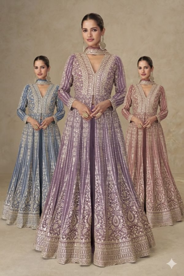 Viscouse Georgette Swaroski Diamond Anarkali Gown Dress - 4 Colors - 2Pc