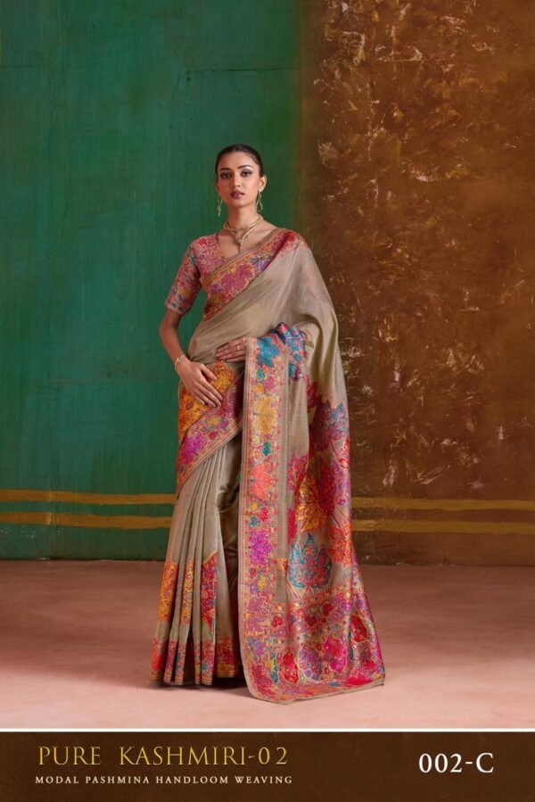 Pashmina Silk Sarees Maple Leaf Print (With Stiched Blouse)