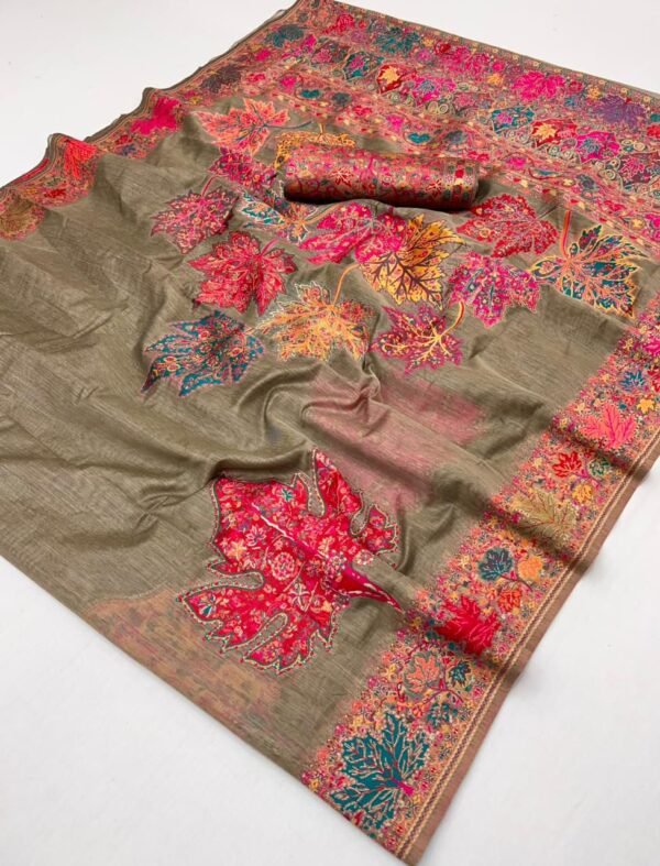 Pashmina Silk Sarees Maple Leaf Print (With Stiched Blouse)