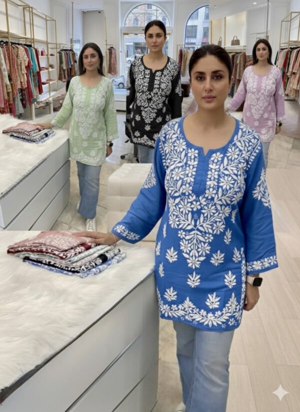 Malmal Chikankari Short Lenght Kurti with White Embroidery - Multiple Colors