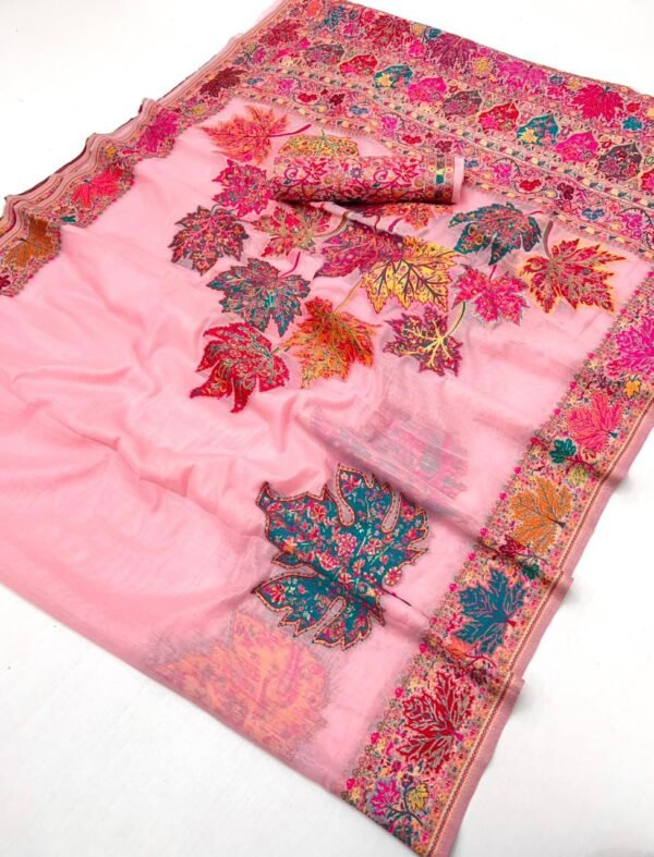 Pashmina Silk Sarees Maple Leaf Print (With Stiched Blouse)